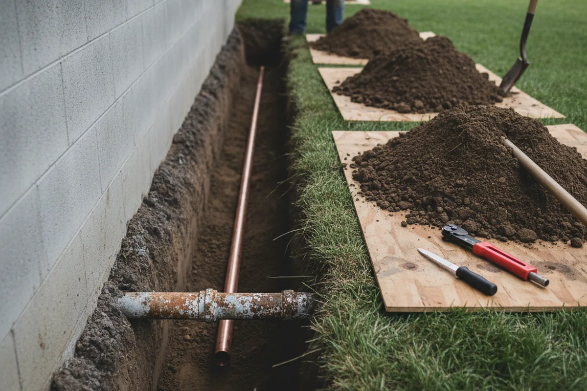 Excavated water line trench during Water Softener Installation in Upperville